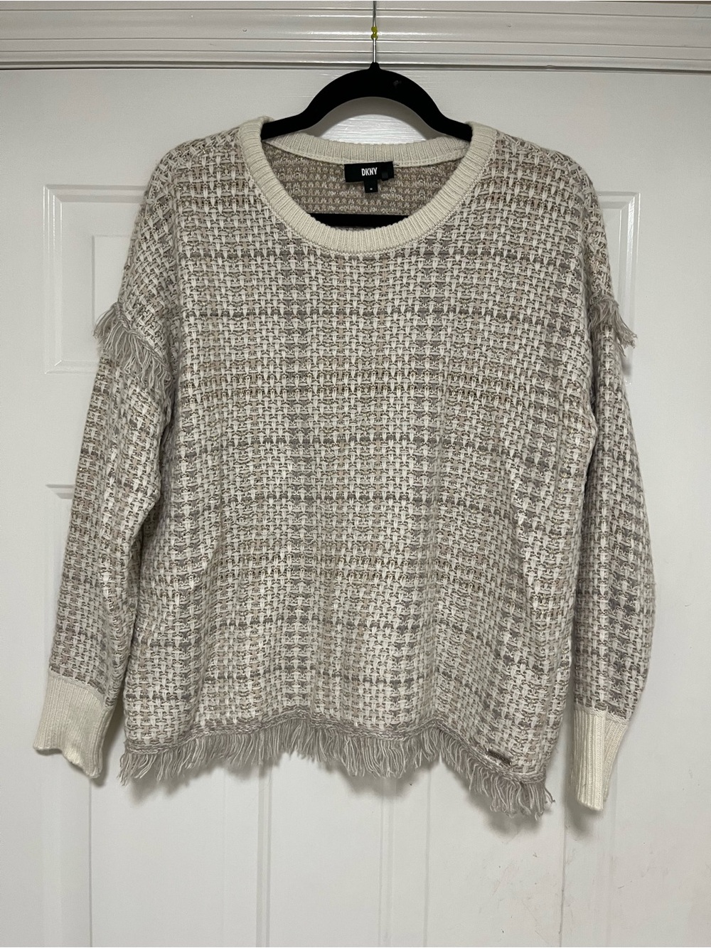 DKNY Women's Cream & Taupe Textured Fringe Sweater Medium